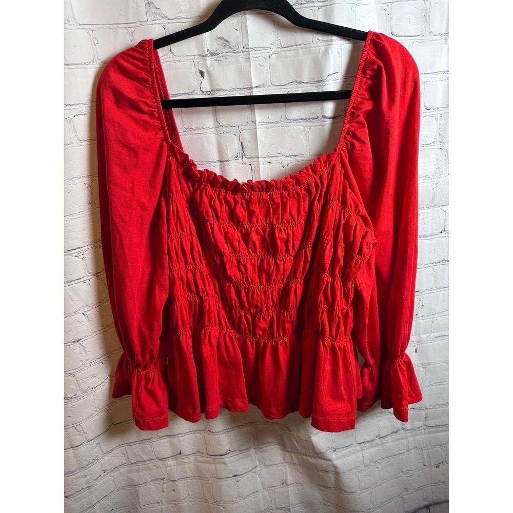 H&M Smocked Peplum Top Square Neck Long Sleeve Red Blouse XL - Picture 4 of 4